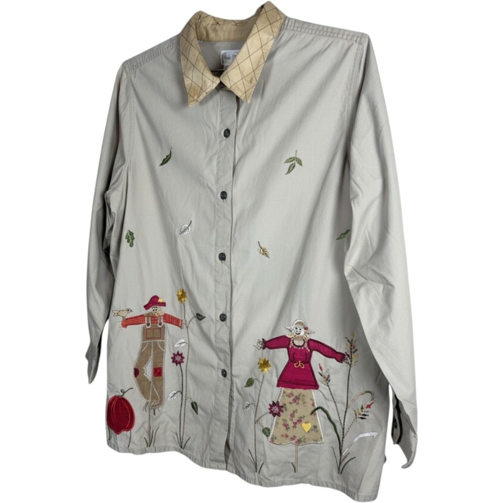 Bobbie Brooks Woman Plus 18W/20W Khaki Scarecrow Embroidered Button Down Shirt